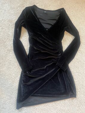 Black Velvet Long-Sleeve Wrap-Style Dress